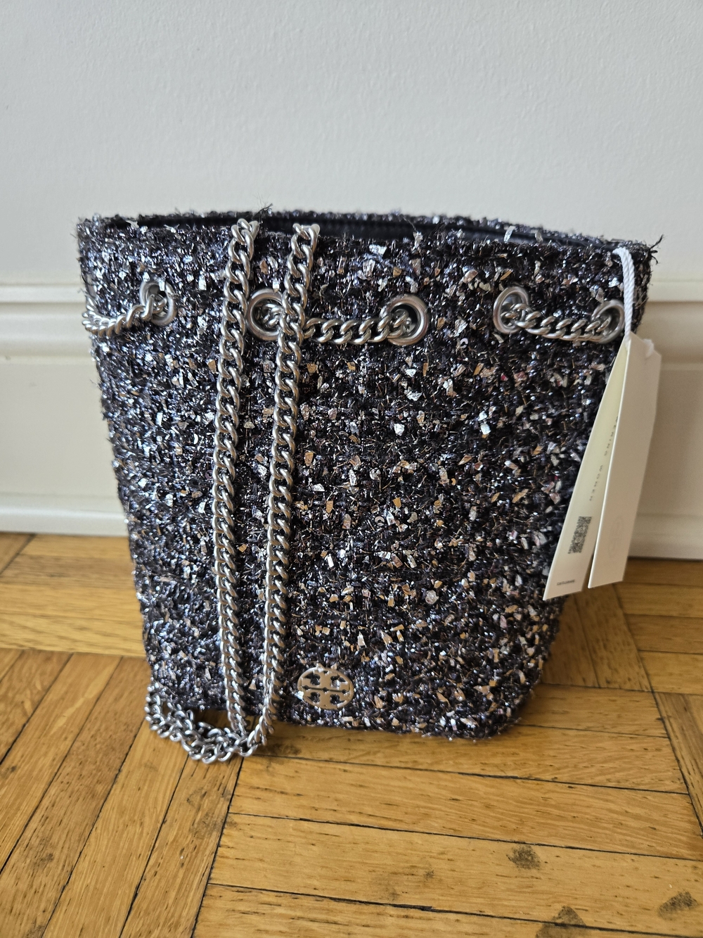 Brand New Tory Burch Black Tweed Willa Chain Bucket Bag